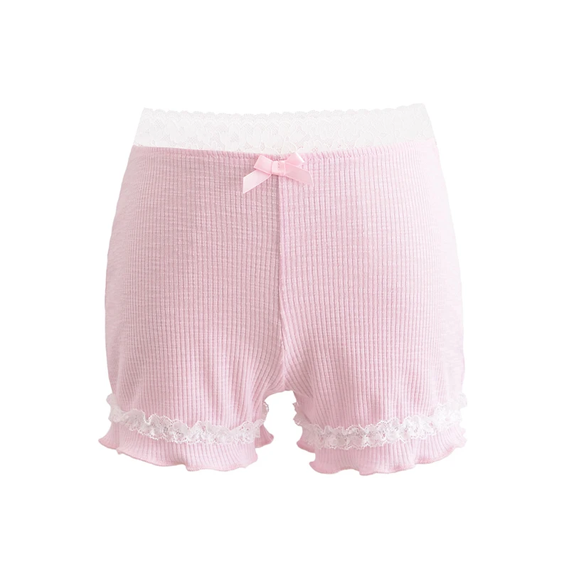 

YENKYE Sweet Women Lace Patchwork Pink Pit Cotton Shorts Elastic Waist Summer Short Pants