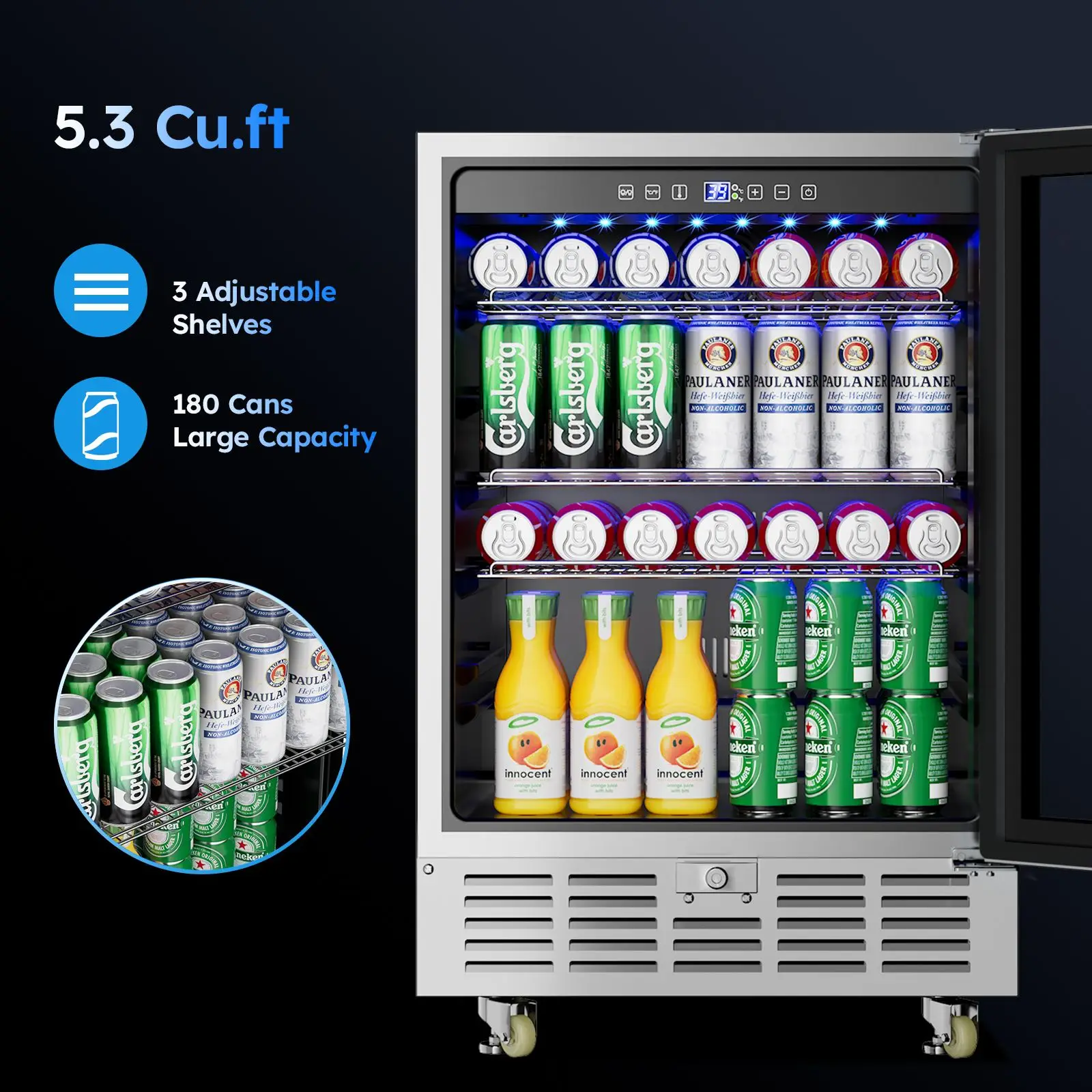 Refrigerador de bebidas de 24 pulgadas, Enfriador de bebidas integrado/independiente de 180 latas, refrigerador de cerveza con memoria Digital debajo del mostrador