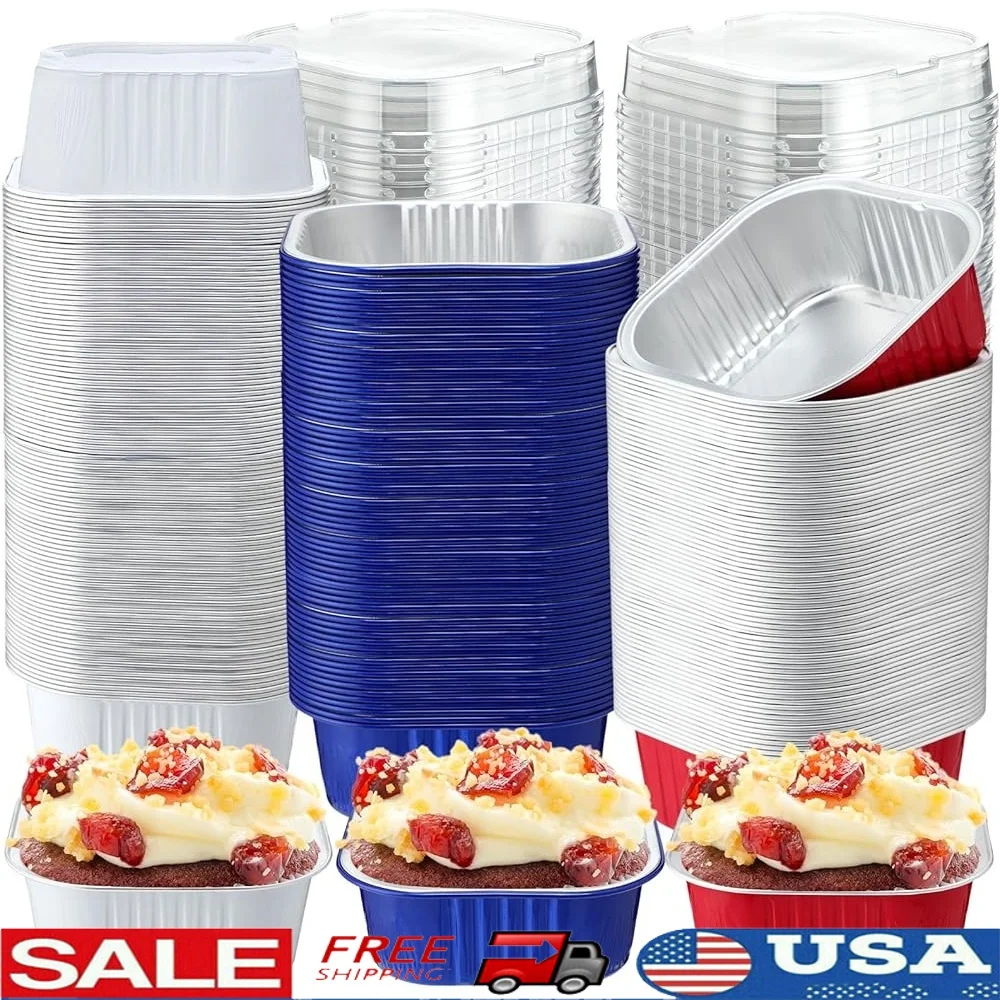 

150 Pieces 10 oz Mini Cake Pans with Lids Aluminum Foil Baking Cups Square Disposable Cupcake Cups 4th of July Baking Tins