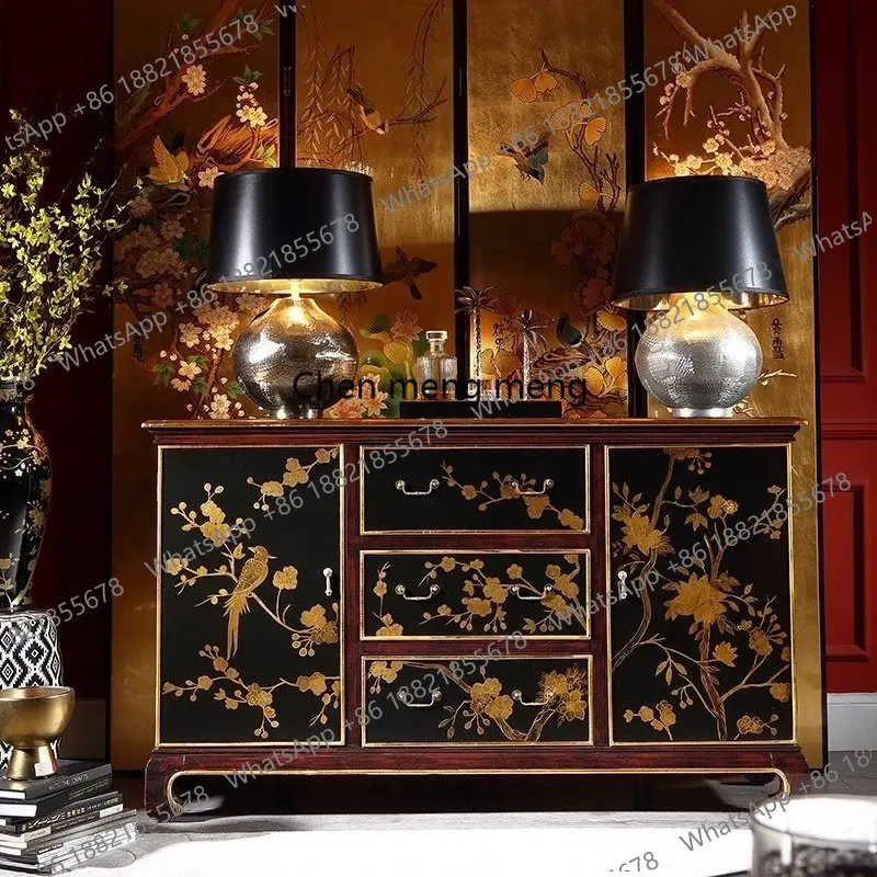 French retro solid wood dining side cabinet villa living room Chinese black gold painted three pumping foyer entrance locker