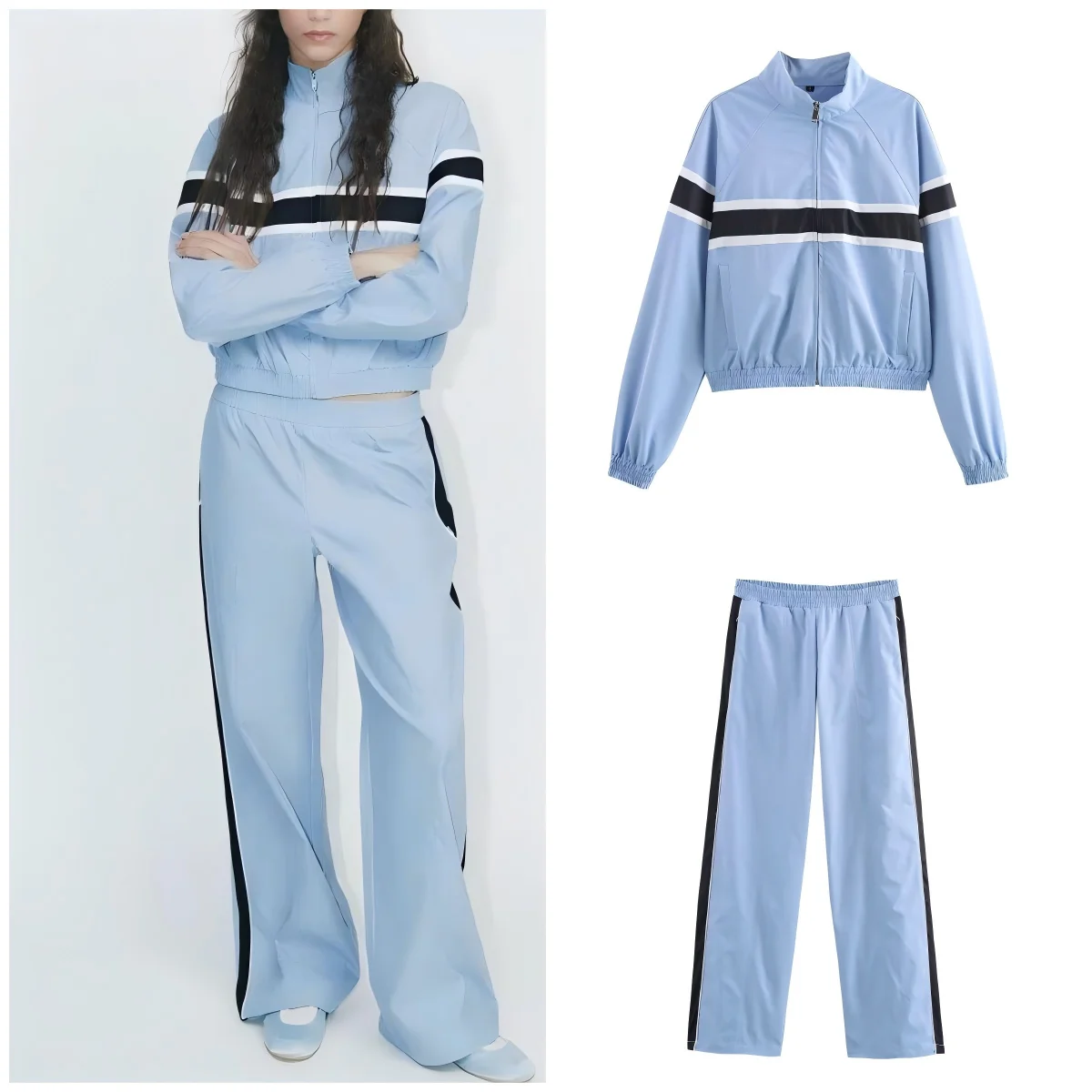 

Женское новое модное повседневное лоскутное полосатое пальто с воротником-стойкой в стиле ретро, женское пальто на молнии с длинными рукавами, шикарный топ + брючный костюм