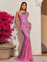 One Shoulder Sleeveless Cocktail Prom Gown Stretchy Sequin Full Lining Floor-length Wedding Party Evening Dress Pink Purple Blue