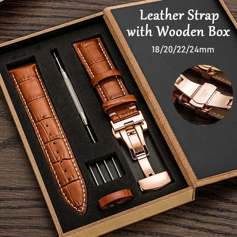 حزام من الجلد الطبيعي 18 مللي متر 20 مللي متر 22 مللي متر 24 مللي متر حزام الساعات مقاوم للماء مع صندوق فراشة مشبك Breacelet لسوار المعصم العالمي Seiko