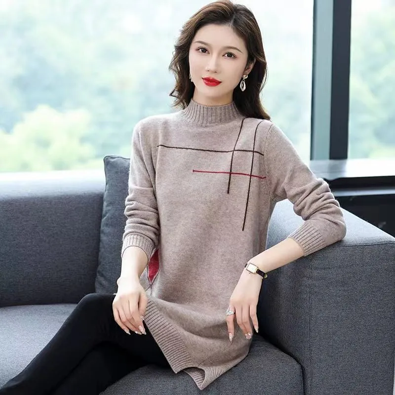 

Medium Length Sweater For Women Knitwears Thicken Autumn Winter Bottom Knitted Pullovers Femme Warm Long Sleeve Tops свитер