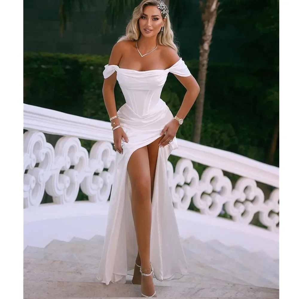 

Sexy High Slpt Off The Shoulder Long Formal Evening Gowns White Arabic Aso Ebi Satin Prom Dress Women Pary Dress