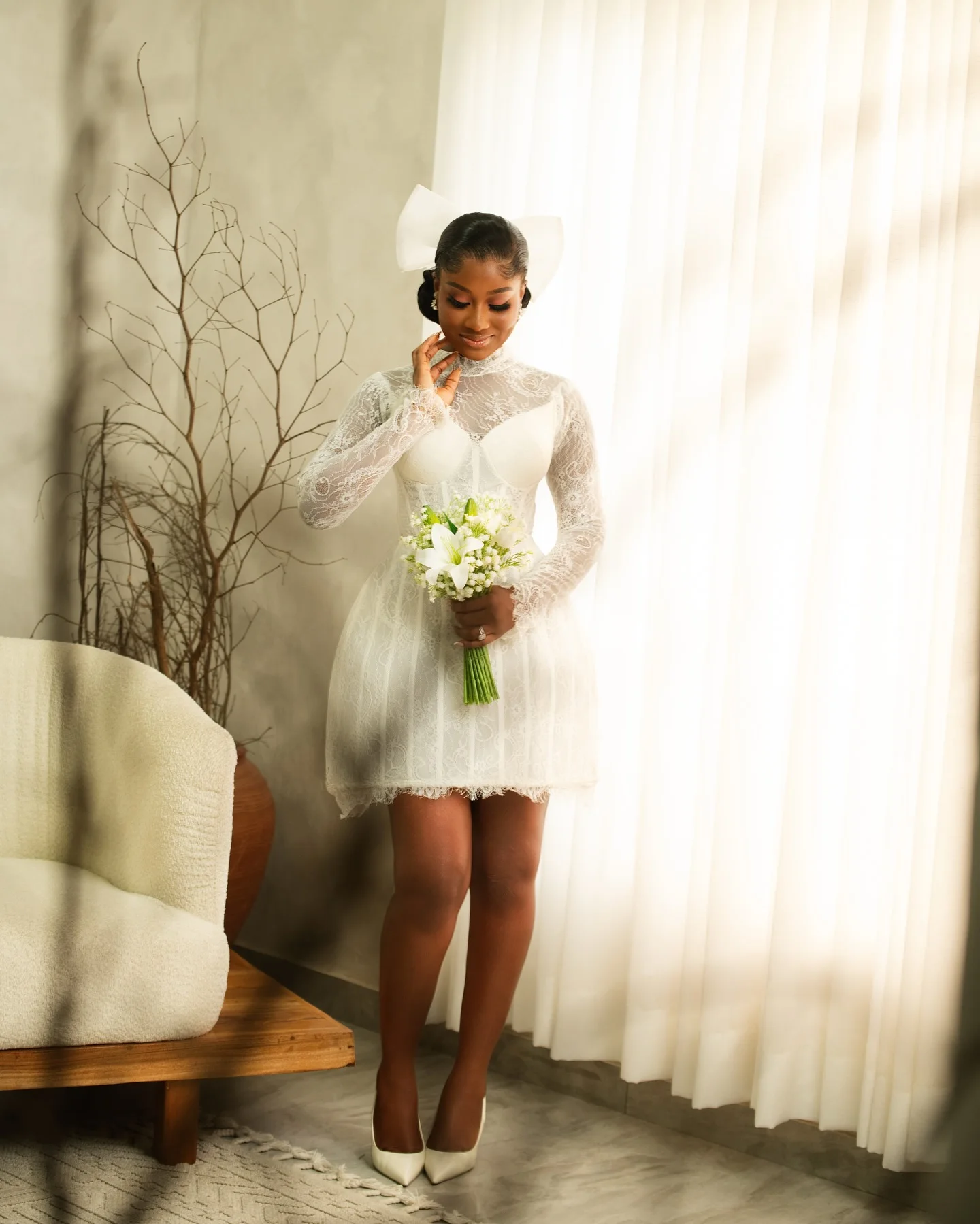 Africa Civil Lace Short Wedding Dresses for Bride Long Sleeve Corset Court Mini Vow Renewal Minimalist Bridal Gown Customized