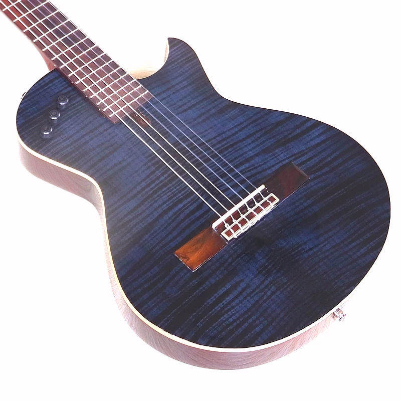 Flammenahorn-Furnier Elektrische Silent-Klassikgitarre 39 Zoll 6 Saiten Massiver Okoume-Korpus Hochglanz Nylon-Saiten Sunburst&Schwarz