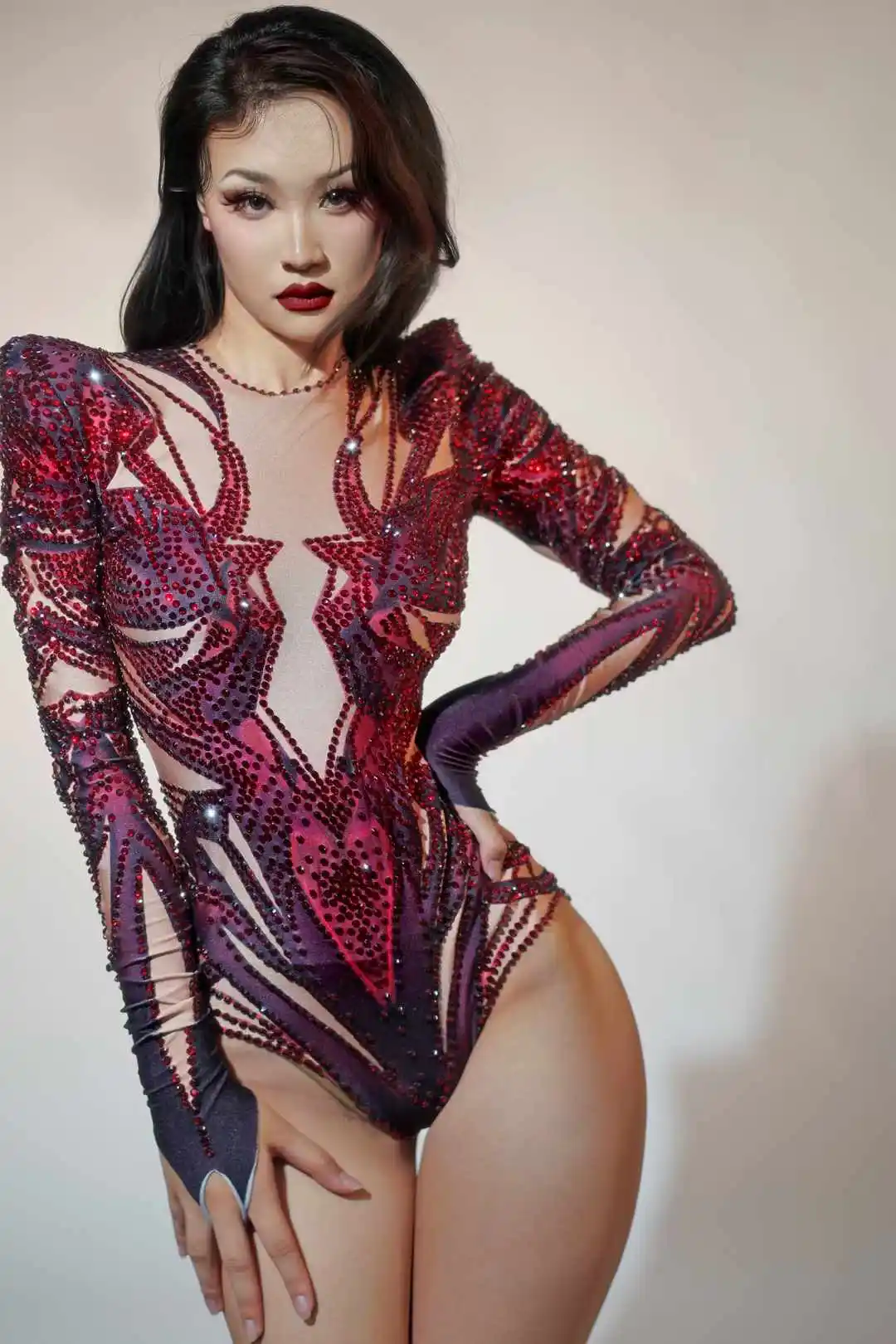 

Women Stretch Red Glitter Rhinestone Bodysuits Goddess Senior Homecoming Las Vegas Dance Show Drag Queen Costumes