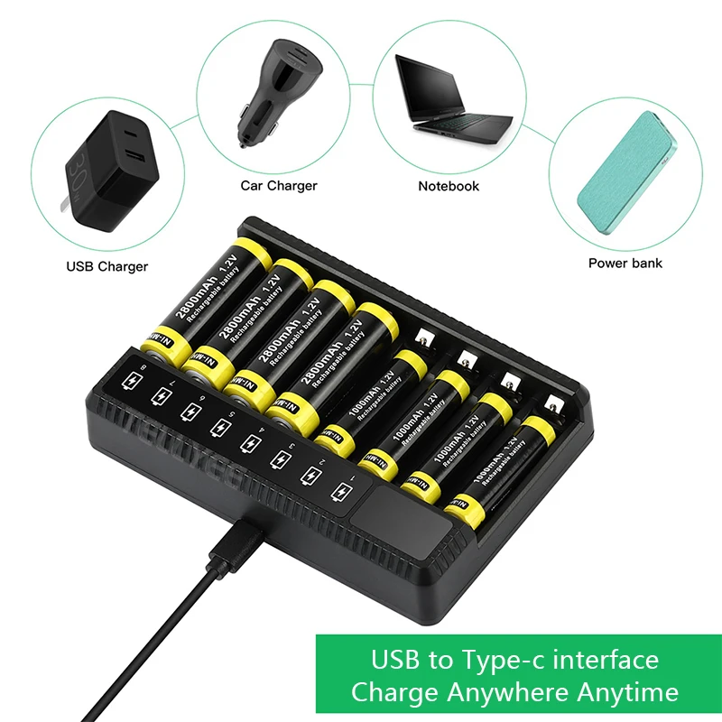 Charger 8-slot AA AAA battery charger, USB high-speed charging, independent card slot, smart charging