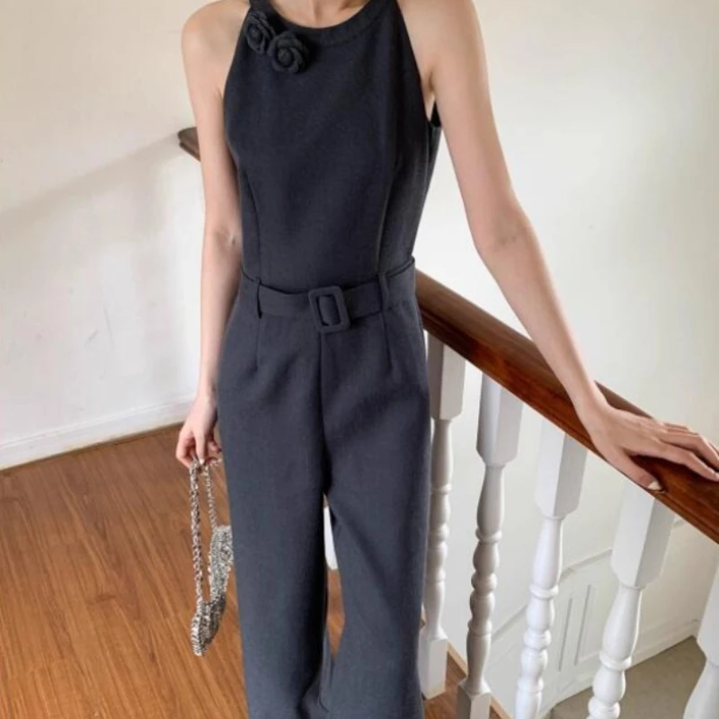 

Новый осенний женский повседневный комбинезон во французском стиле с вырезом халтер, утягивающий талию, с широкими штанинами, 3D-кроем, цельный, с длинными брюками