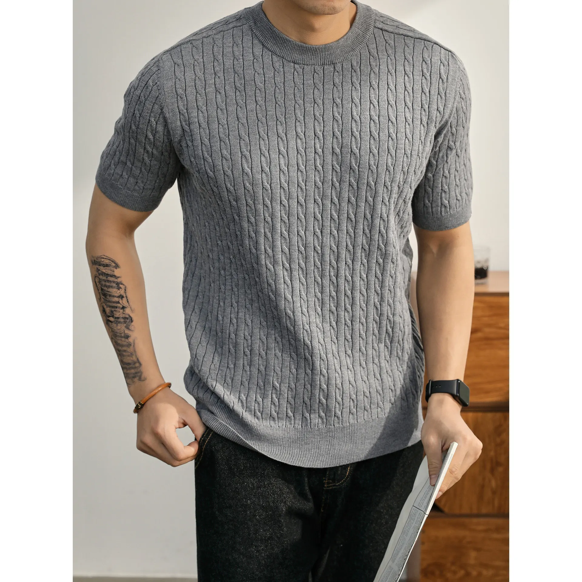 Summer knitted sweater short-sleeved T-shirt men's twist twist vertical pit striped business ice silk