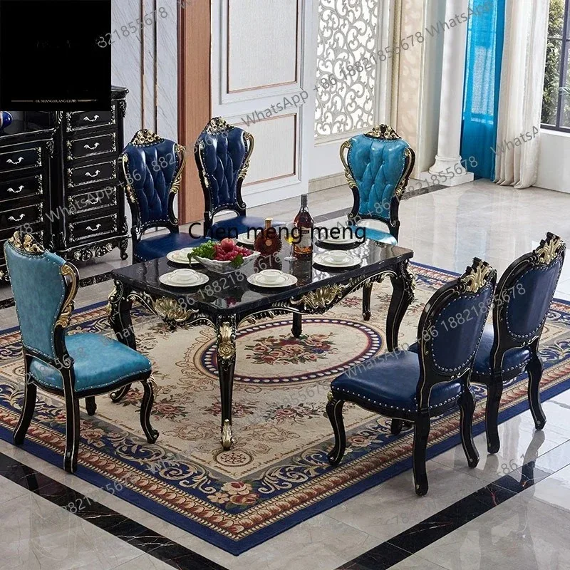 

Marble dining table and chair combination European solid wood carving flower rectangular restaurant household dining table