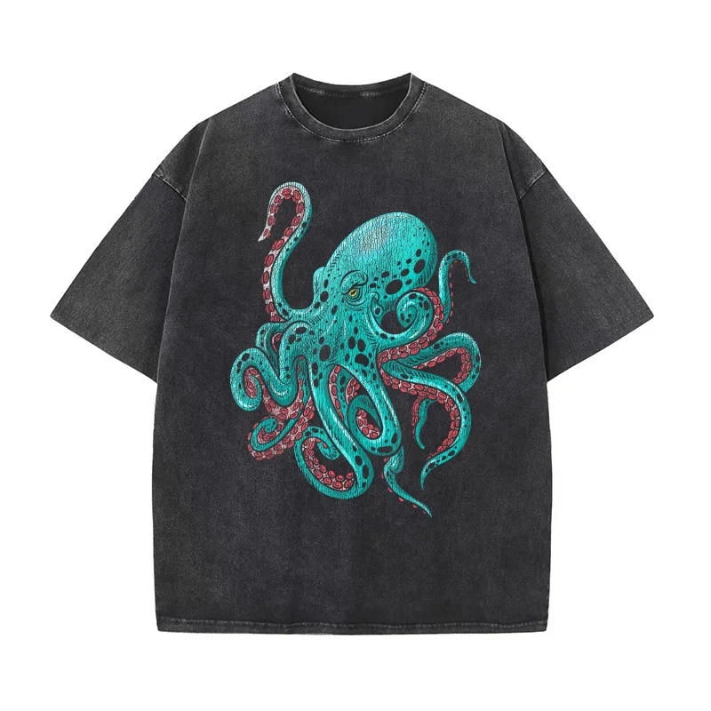 

Kraken Octopus Pure Cotton T-shirt Men's Tee Shirt Short Sleeve Male Clothes Fashion Oversized Art Graphic Clothing Printed