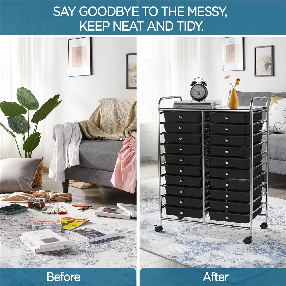 SmileMart 20 Drawers Metal Frame Storage Cart Rolling Bin Organizer Trolley with Lockable Wheels, Black