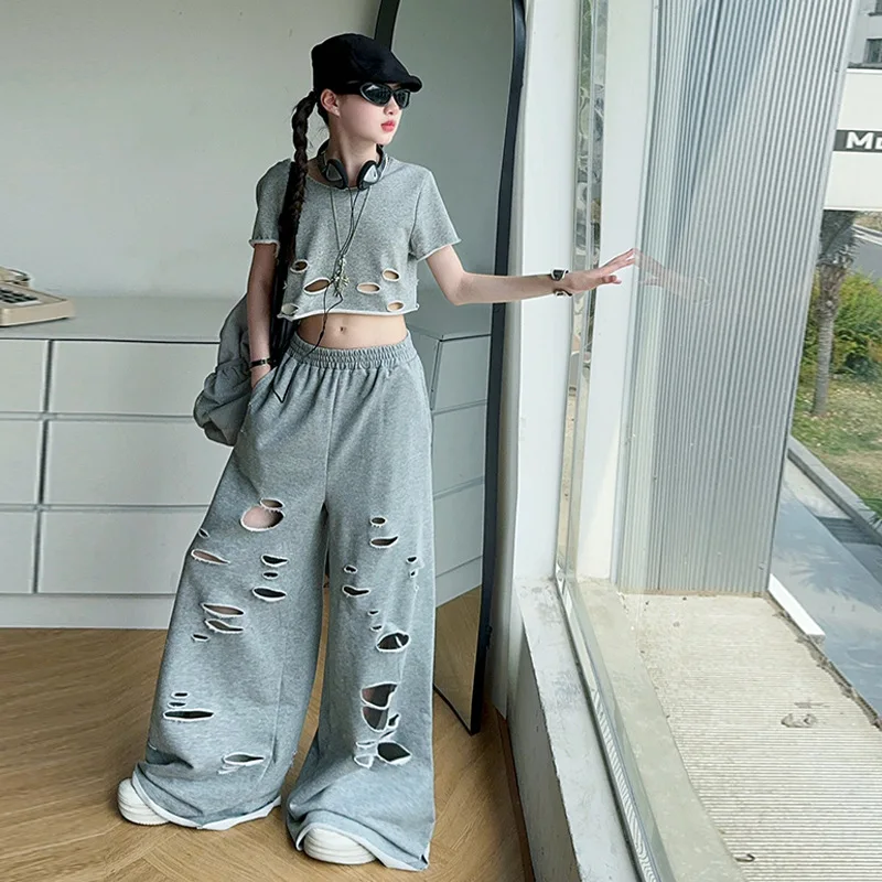 

Summer New T-shirt and Wide-leg Pants 2Pcs Children Ripped Sports Suit Casual Kids Clothes Tracksuit Girls Clothing Sets