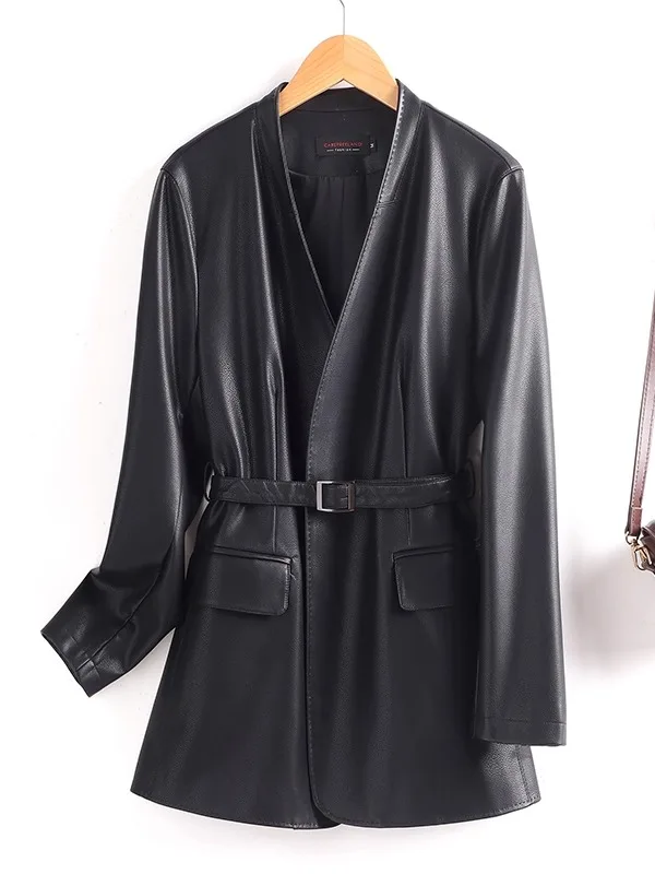 Faionable V-Ne Leather Jaet Women's Slim Fit Mid-Length Spring Autumn New Sle Haifeng Genuine Leather Coat