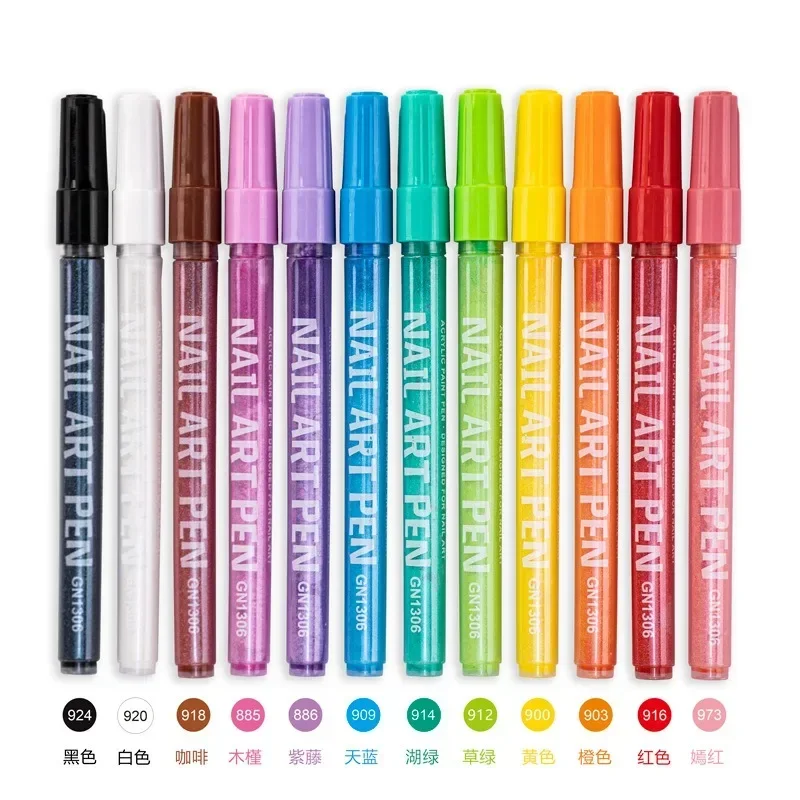 12-colors Nail Art Pen Set Quick-drying Waterproof Acrylic Marker DIY Nail Graffiti Odorless Color Paint Pen