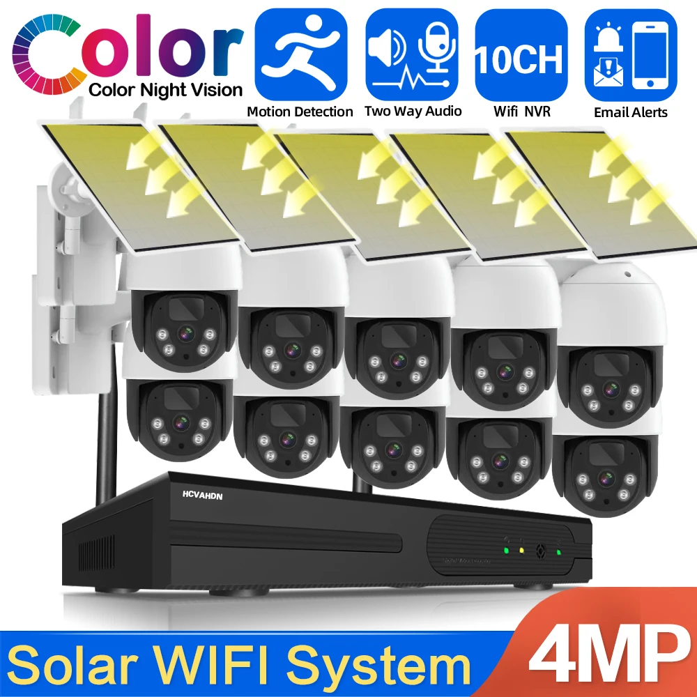 

10CH 4MP Solar Powered Wireless CCTV Camera System Home Farm Forest Safe Security PTZ IP Solar Wifi CCTV Camera Kit 8CH NVR Kit