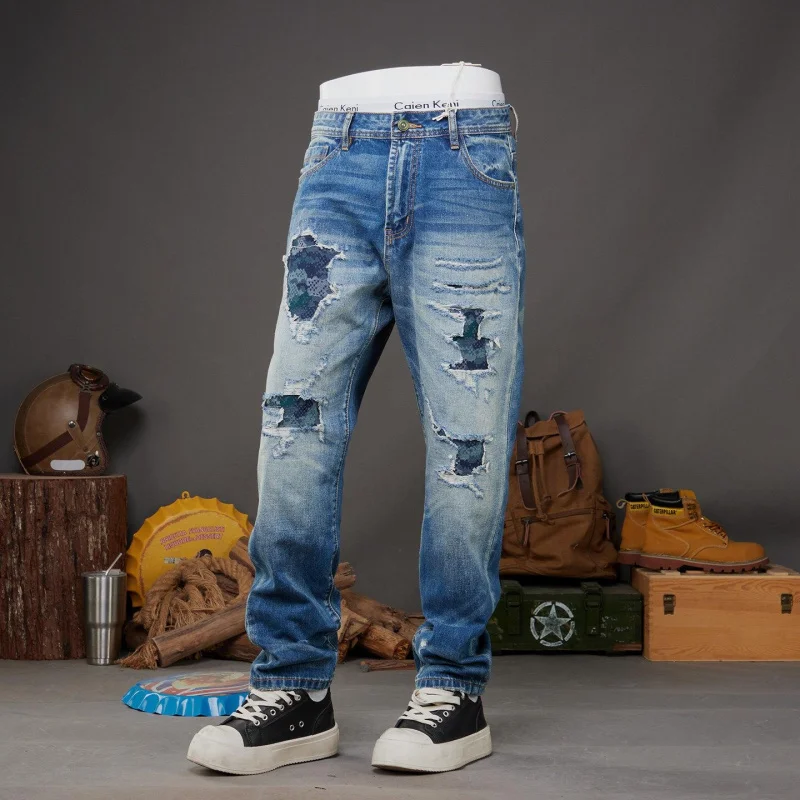 Men's Spring Summer Denim Pants American Style, Washed, Ripped, Loose, Slim Fit, Harem, Straight, Versatile, Daily Casual
