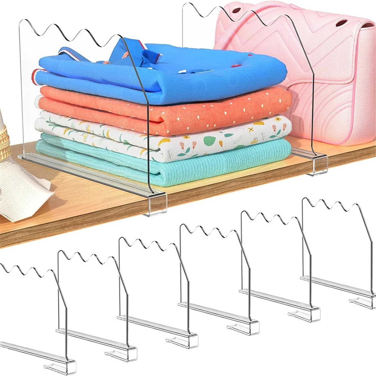 6 PCS ชั้นวางสําหรับตู้เสื้อผ้าองค์กร,อะคริลิคใสตู้เสื้อผ้าชั้นวาง Divider สําหรับชั้นวางไม้,สําหรับตู้เสื้อผ้า,ห้องนอน,สํานักงาน