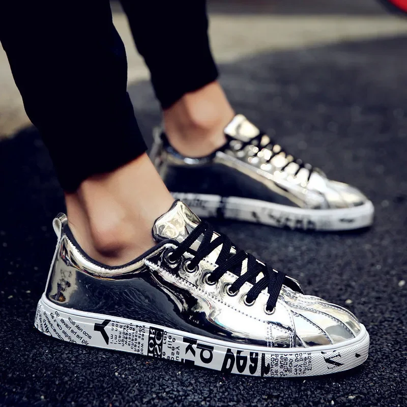 Men‘s Gold Silver Leather Casual Bling Hip-hop Couple Street Shoes Women Lace Up Jogging Sneakers Outdoor Footwear Trainers