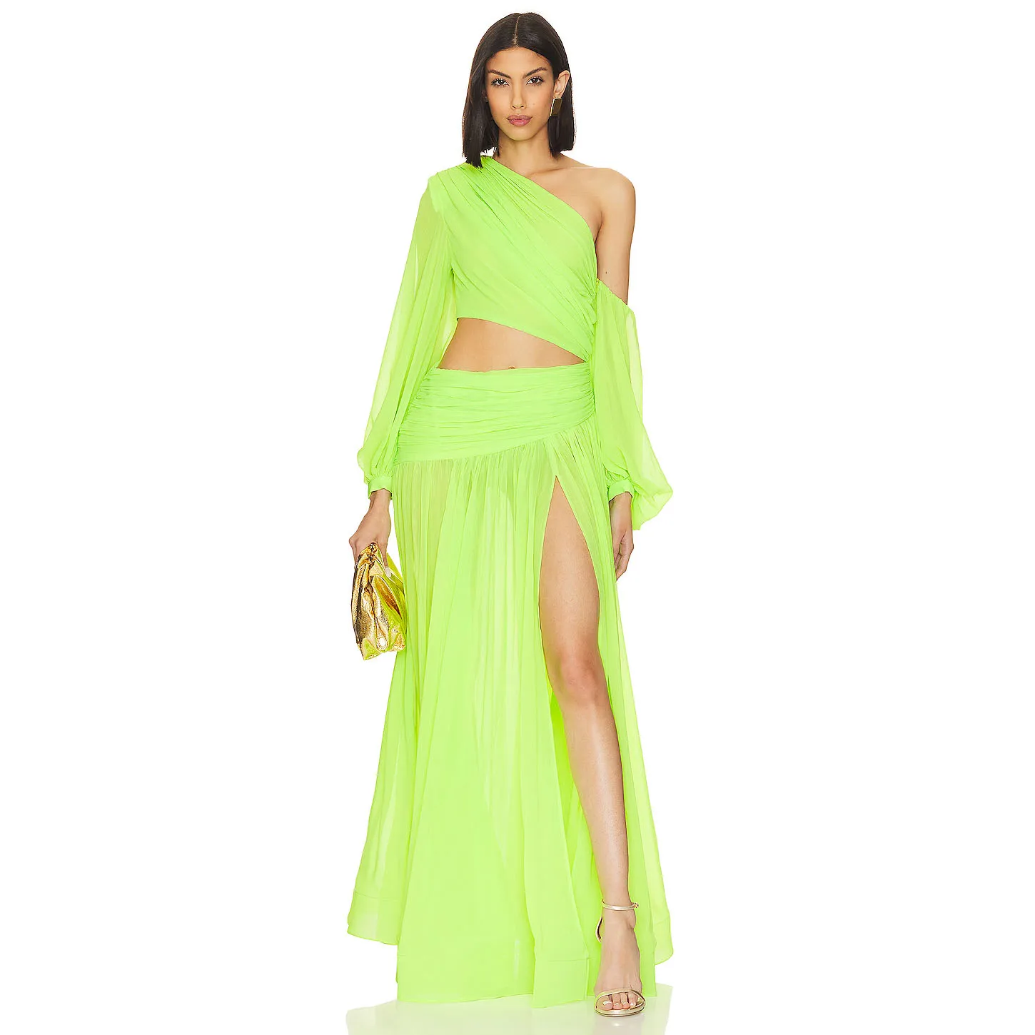 Sexy Neon Green Women Dresses with Sleeves Floor Length 2 Pieces Fashion Chiffon Prom Gowns High Split Custom Made