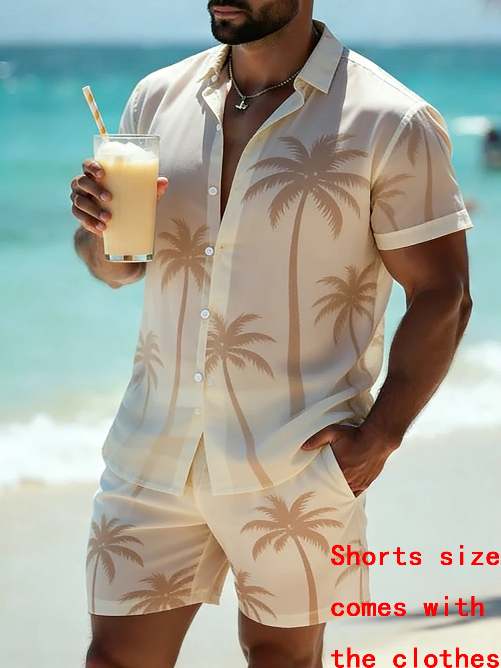 Men Fashion Linen Short Sleeve Collar Shirt Shorts 2-piece Set Tropical Coconut Tree 3D Printed Shirt Vacation Street Party Set