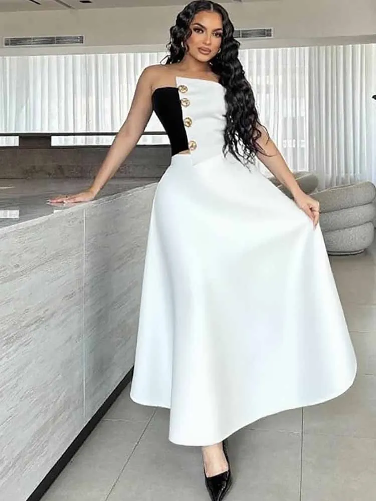 

MCDV Elegant Contrast Color 2 Piece Set Woman Strapless Metal Button Crop Top A-Line Maxi Skirt 2025 Fashion Prom Evening Suit