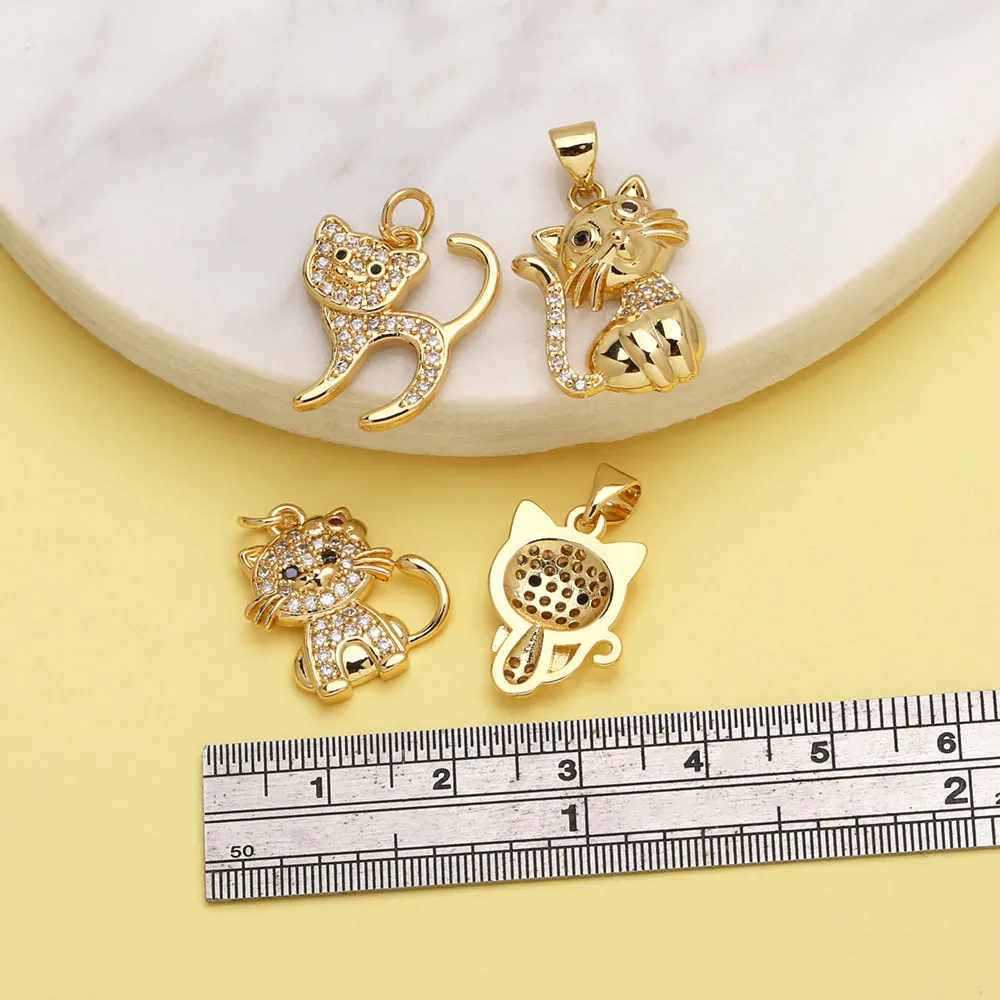 OCESRIO Trendy Blue Crystal Eyes Cute Cat Pendant for Necklaces Copper Gold Plated CZ Animal Jewelry Making Component pdtb572