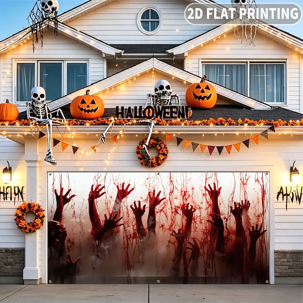 1pc 2D FLAT Halloween Party Garage Banner, Bloody Hands Reaching Up Wall Pattern, No Power Need, for Garage Door Decor