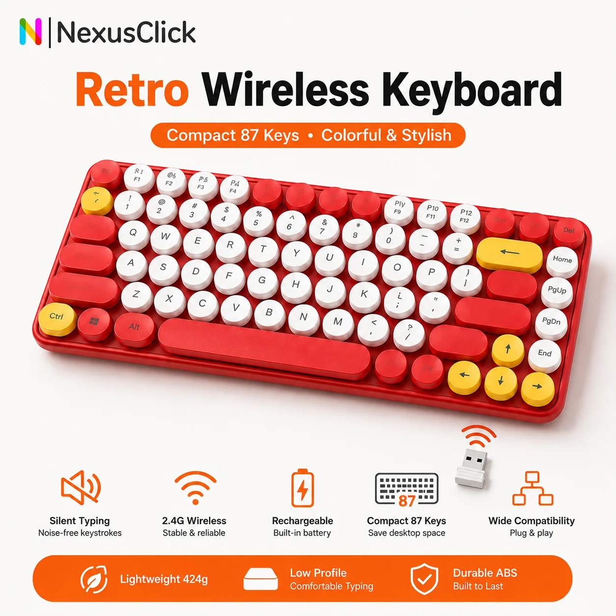 2.4G Retro Round Keycaps Wireless Keyboard 84 Keys Silent Rechargeable Keyboard For Laptop PC Mac Cute Vintage Typewriter Style