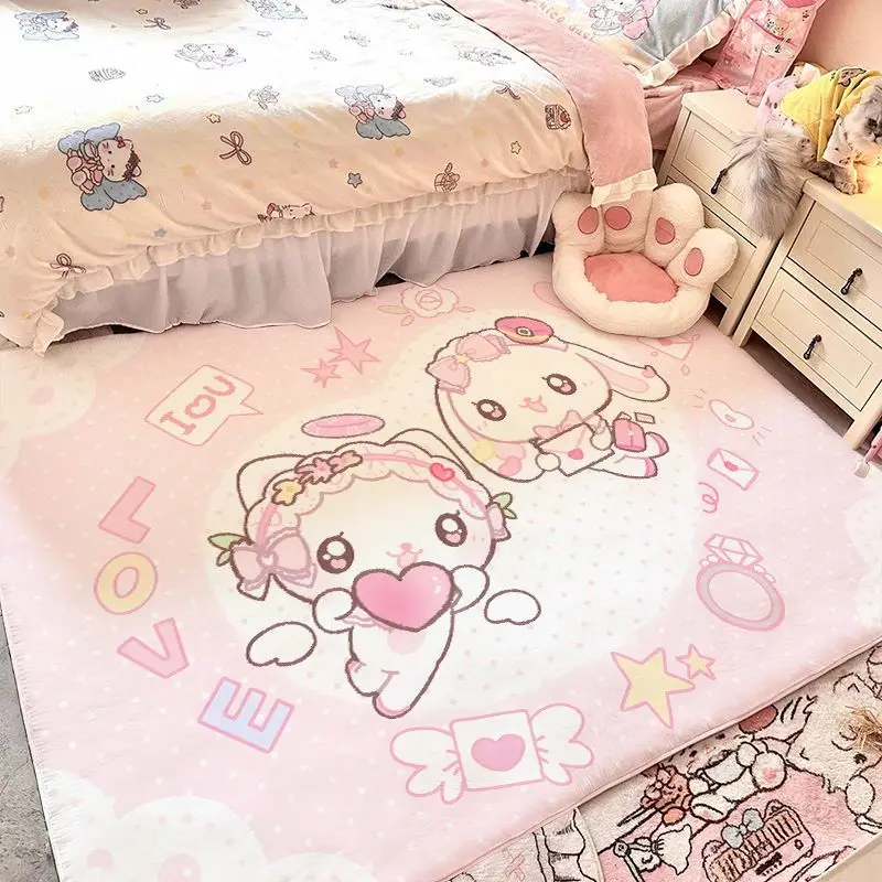 Cute Pink Cartoon Japanese Vintage Polka Dot Faux Cashmere Rug Plush Floor Mat for Bedroom Bedside Bay Window Balcony Decor