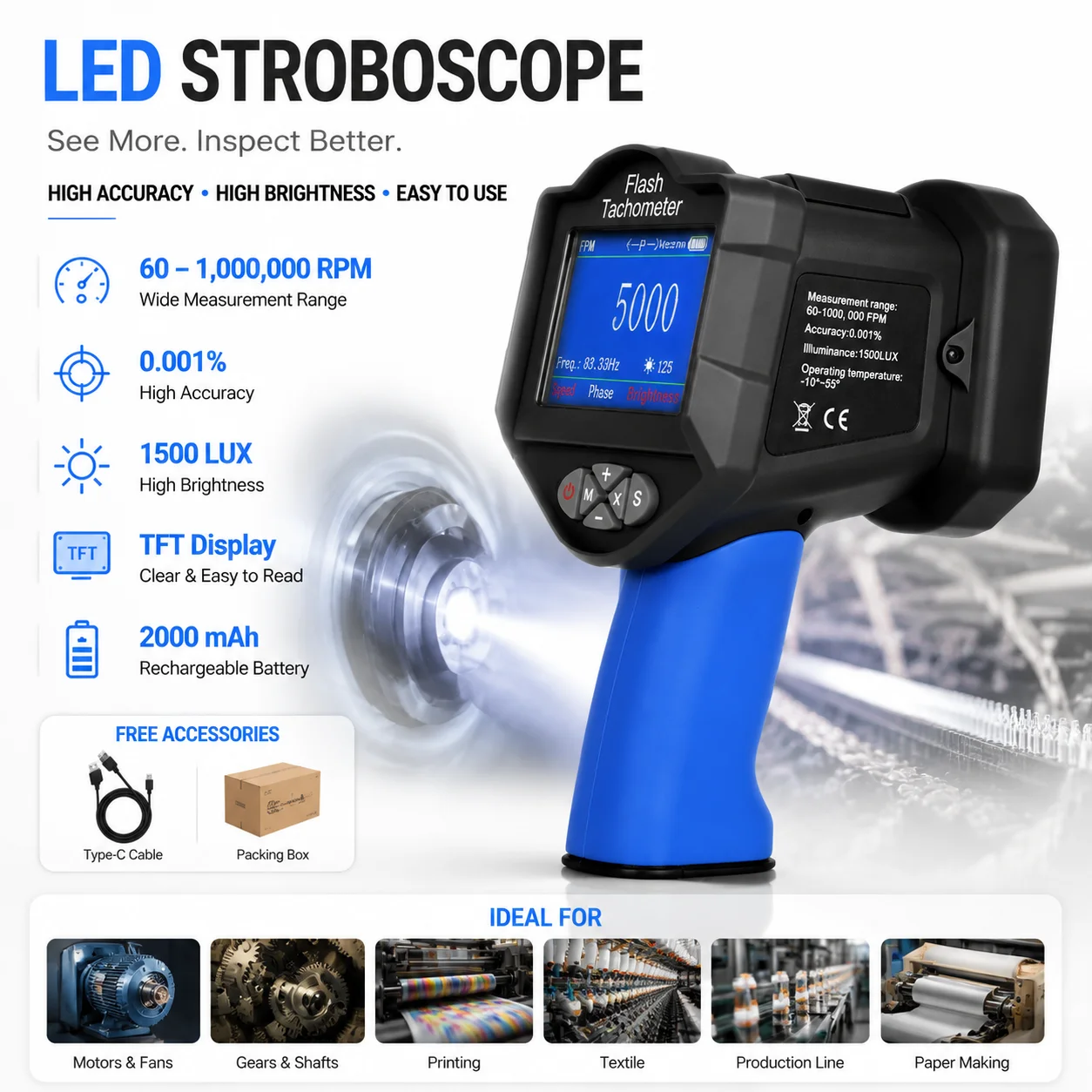 High Precision Digital LED Stroboscope Tachometer 60-1000000RPM Non-Contact Speed Meter TFT Display for Motor Fan Printing Texti