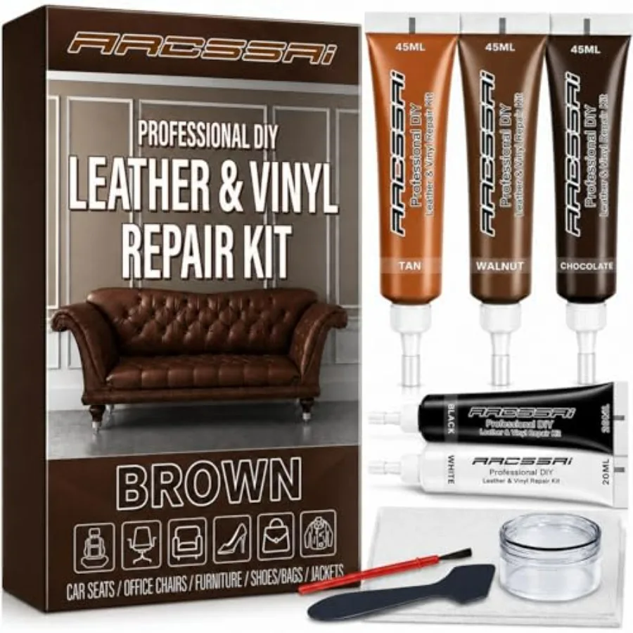 

Brown Leather Repair Kit for Furniture, Leather Couch Repair Kit for Sofa, Jacket, Car Seats and Purse with Super Easy Instruct