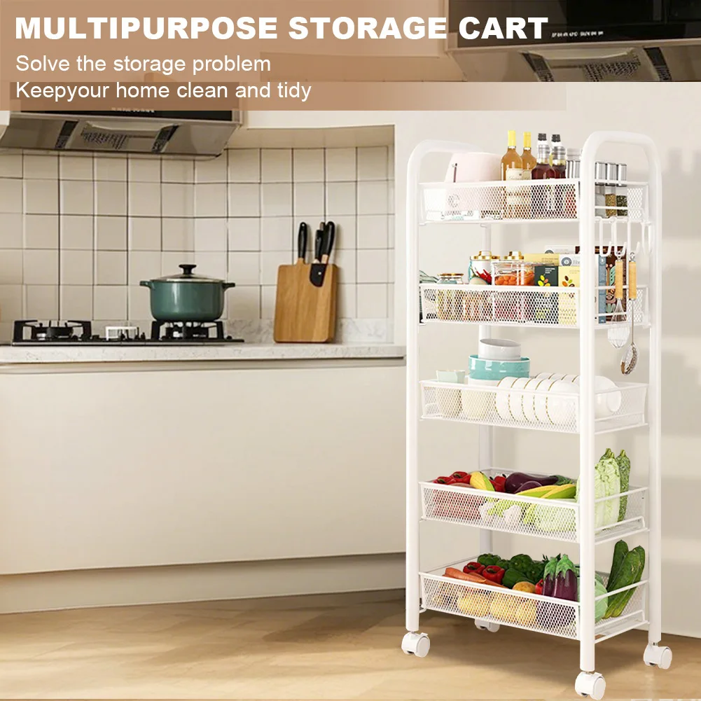 عربة متحركة مكونة من 5 طبقات عربة تخزين معدنية بيضاء مع 4 عجلات قابلة للقفل للمطبخ وغرفة المعيشة والحمام والفواكه والخضروات #3
