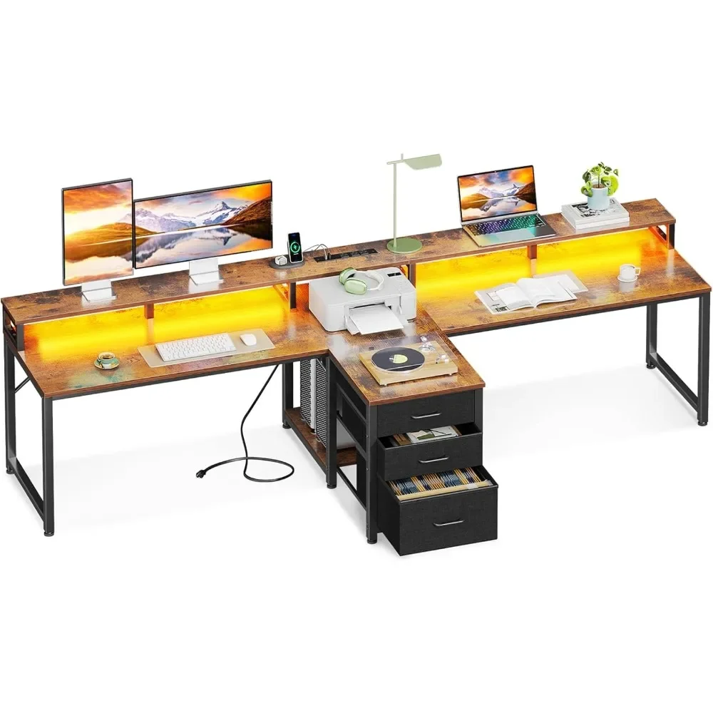 

94" Computer Desk with Fabric Drawer & File Cabinet- 2 Person Home Office Desk with Power Outlet & LED Light, Long Writing Desk