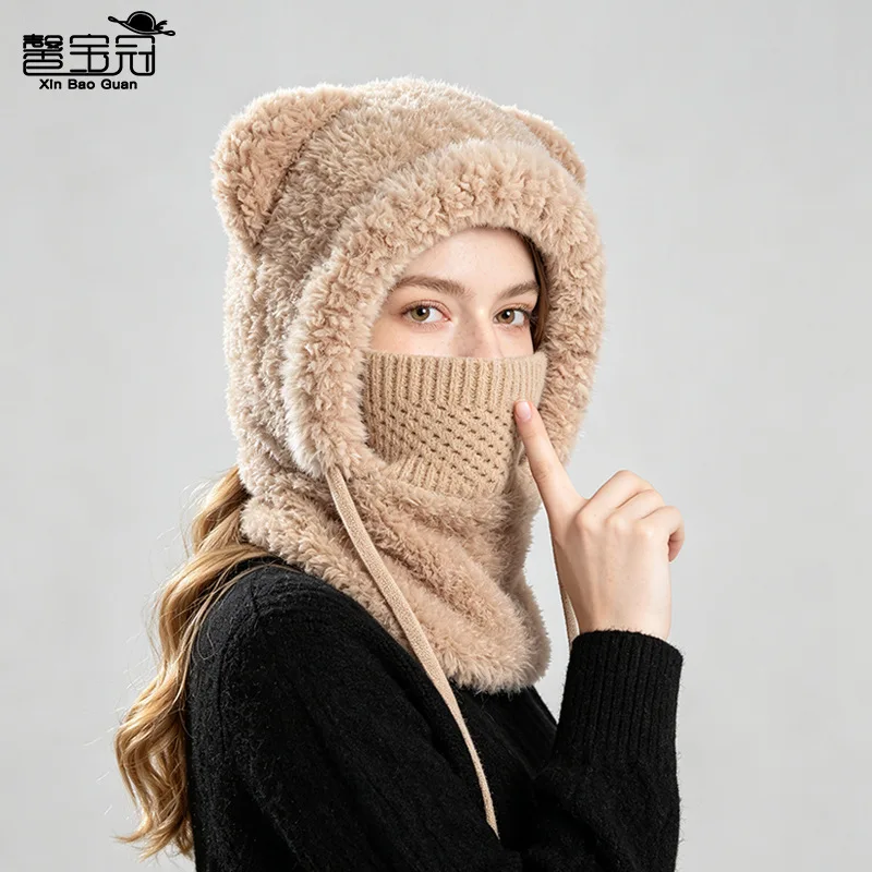 Y2k Fashion Hat Mask Scarf Integrated Hat Winter Outdoor Cycling Warm Pullover Women's Fleece Ear Protection Knitted Wool Trendy