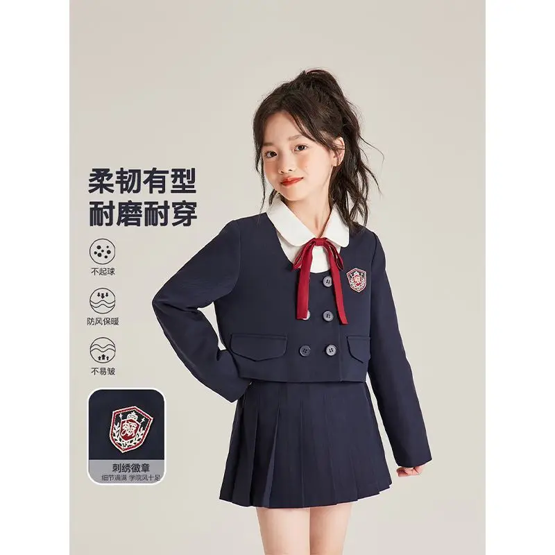 3 PCS set Autumn Spring Girls sets Lapel Japan College Coat+Shirts+ Pleated skirt Knit Coat Kid Children Toddle baby Suits Kids