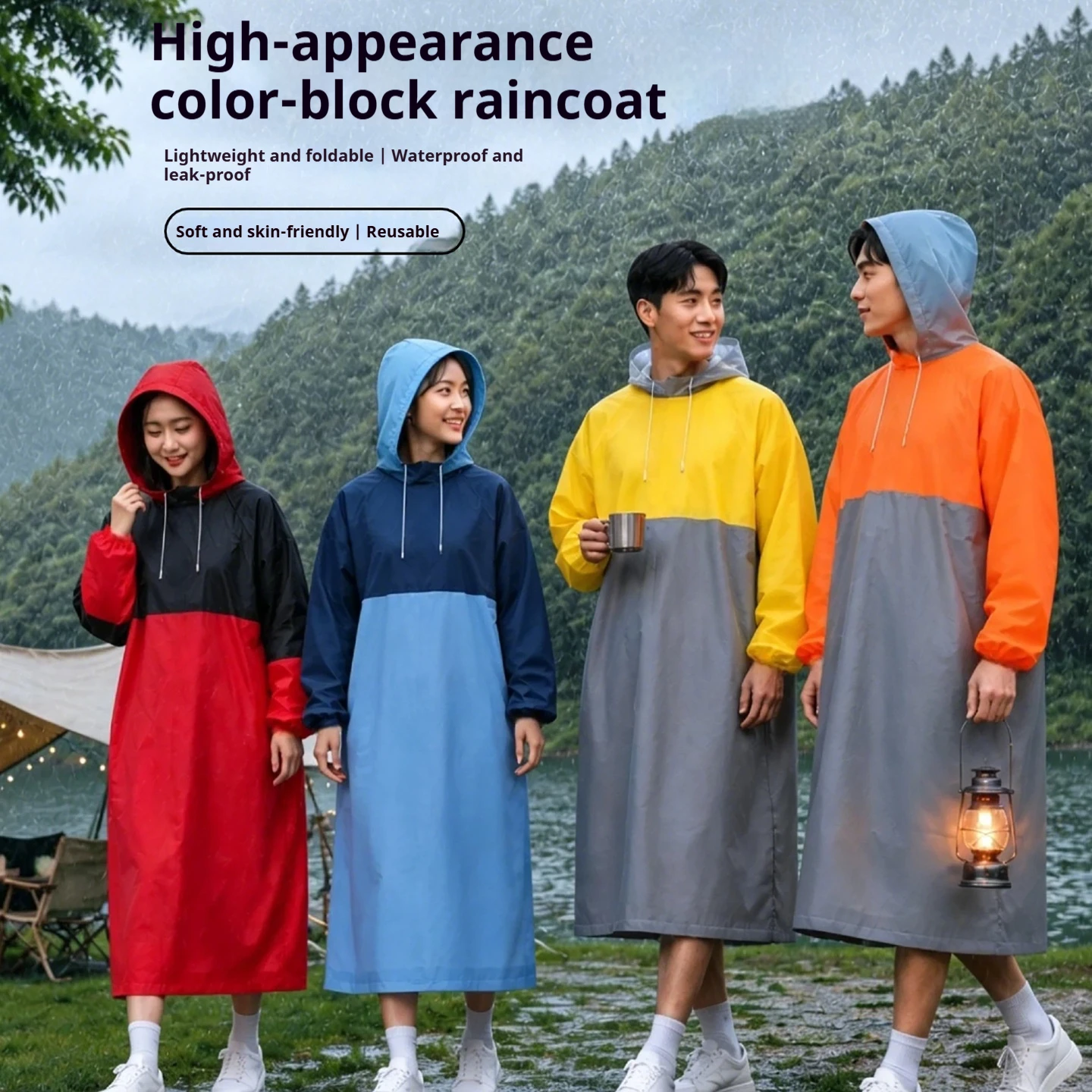 EVA Oversized Color Block Pullover Raincoat Extended Fit Rain Jacket for Adults Outdoor Hiking Travel - Men Women