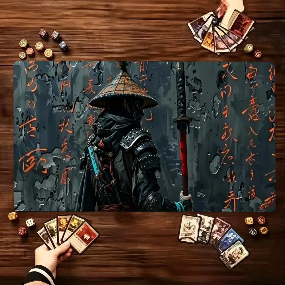 Dark Oriental Ronin Swordsman Ink Art Large Game Playmat Non-Slip Rubber Base With Stitched Edges For Card Gaming And Desk