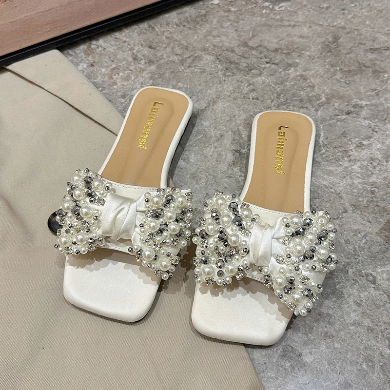 2024 NEW Fashion Comfort Casual Simple Women's Shoes Open Toe Round Toe Summer Beach Slippers Women's Solid Bow Diamond Sandals