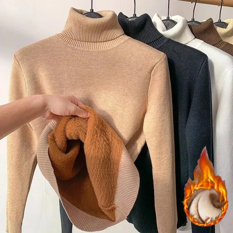 AOSSVIAO 2026 Herbst Winter Damen Rollkragenpullover aus Samt, dick gefüttert, warm, Fleece, Thermo, lässig, einfarbig, Pullover für Damen