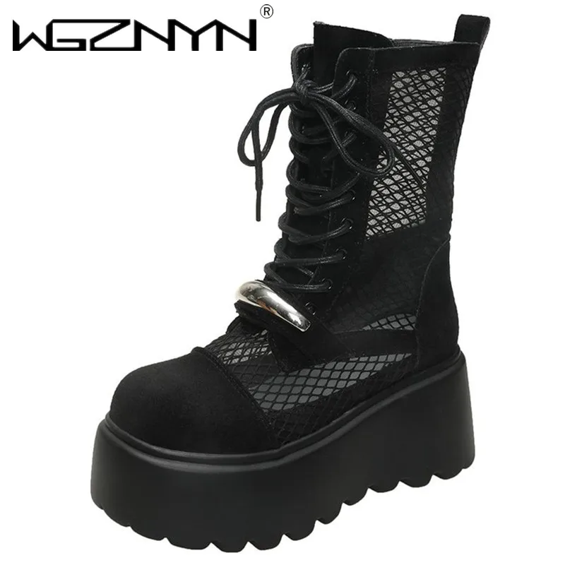 

Новые дизайнерские летние ботильоны на платформе для женщин, черно-белые сетчатые дышащие сандалии, повседневная обувь, женские ботильоны на толстой подошве