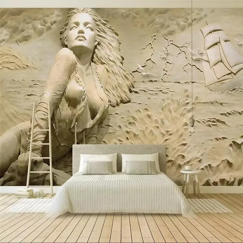 European gold 3D embossed seaside sexy beauty background wall painting custom large mural wallpaper Papel de parede