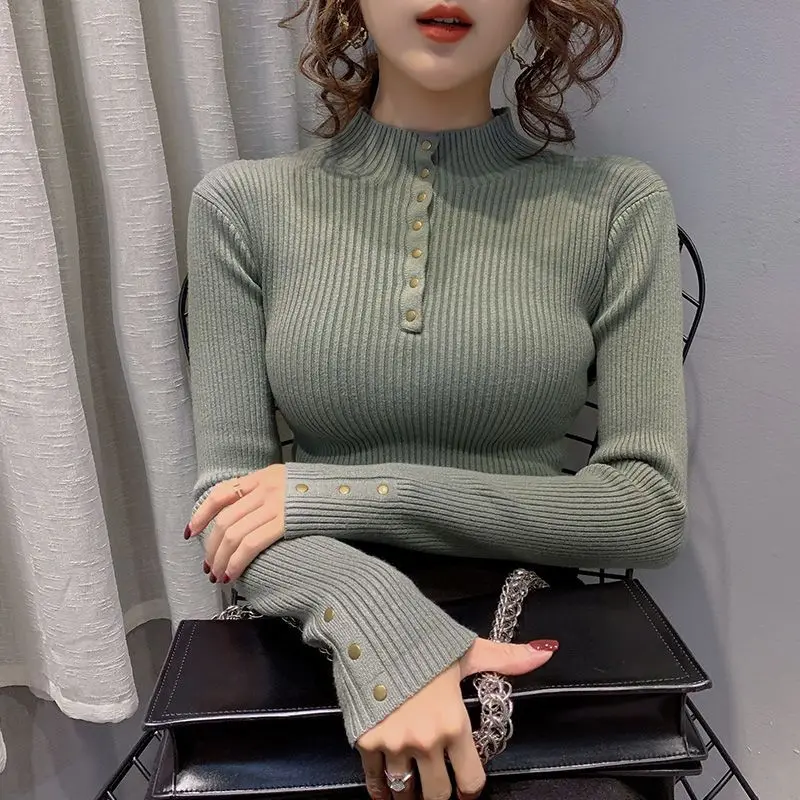 Women Autumn Winter Fashion Slim Solid Color Mock Neck Long Sleeve Knitwear Ladies Office Lady Knitting Bottoming Shirt Robe