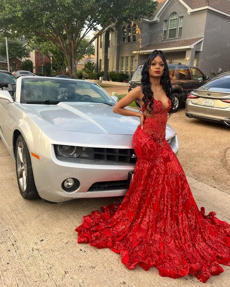 High End Red Wedding Dress Appliques Crystals Beaded Mermaid Dresses Ruffled Long Sweep Train Custom Made Prom Gown Luxury Gown
