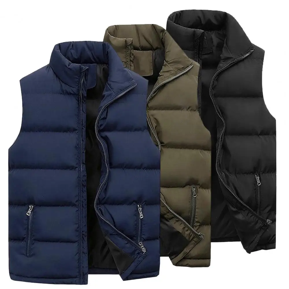 Men Vest Jacket Solid Color Sleeveless Coat Stand Collar Zipper Cotton Padded Thicken Straight Waistcoat Men Streetwear