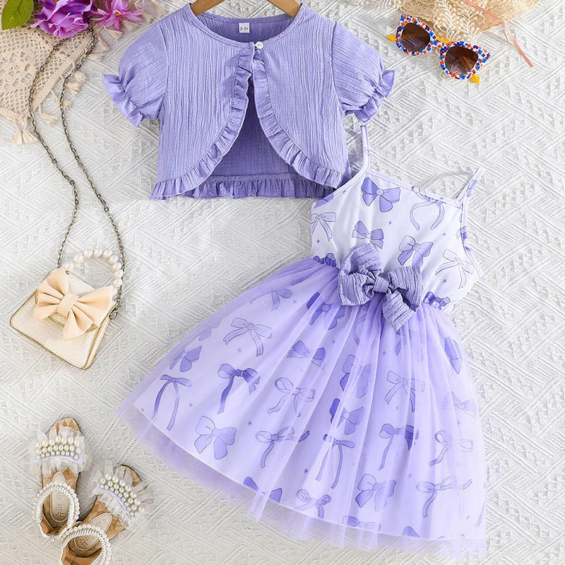 

2Piece Summer Toddler Girl Outfits Set Korean Kids Clothes Cute Bow Print Sleeveless Princess Dress+Baby Tops Pink Dresses B035