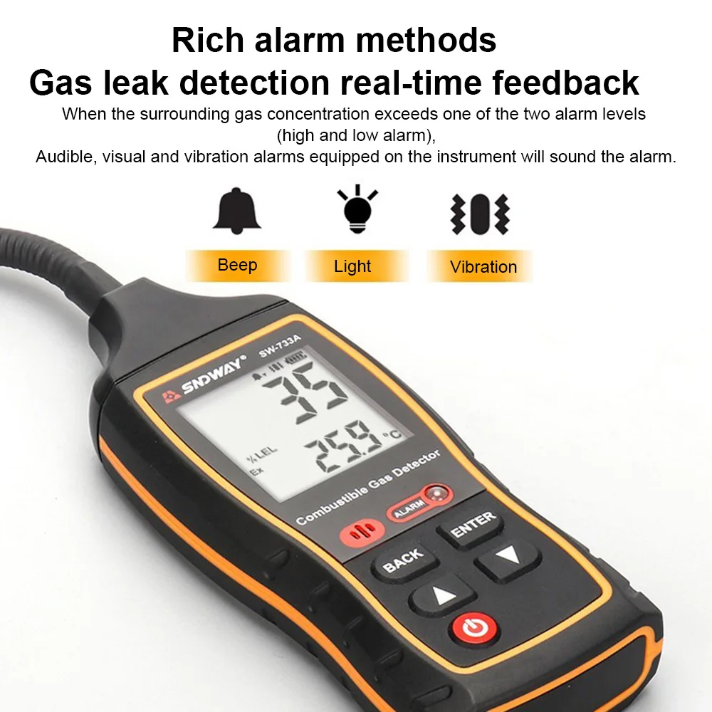 

Gaqqee Combustible Gas Detector SW-733A Propane CO Hexane Methane Leak Indicator Port Natural Gas Analyzer 0-100%LEL With Alarm