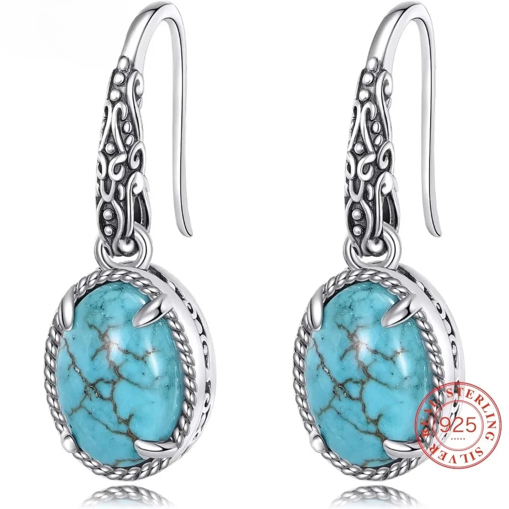 

925 Sterling Silver Vintage Natural Turquoise Hook Dangle Earrings Oval 8X10MM Stone Earrings Retro Silver Jewelry for Women